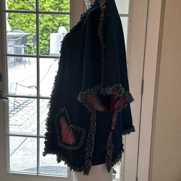 Unique Blue Denim Fringe Pink Heart Pocket Open Jacket OS - Picture 4 of 7